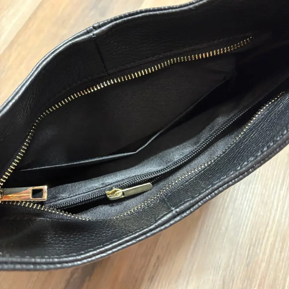 Vera Pelle Gold Top Handle Hobo Bag Black Genuine Leather Inner Zip Pocket Italy